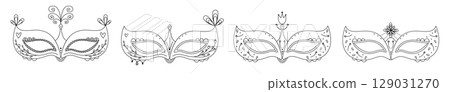 Masquerade masks set, four black line illustrations 129031270