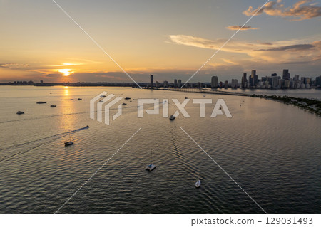 Yachts and sailboats docked in Biscayne Bay harbor near Virginia Key in Miami, Florida. USA travel destination 129031493