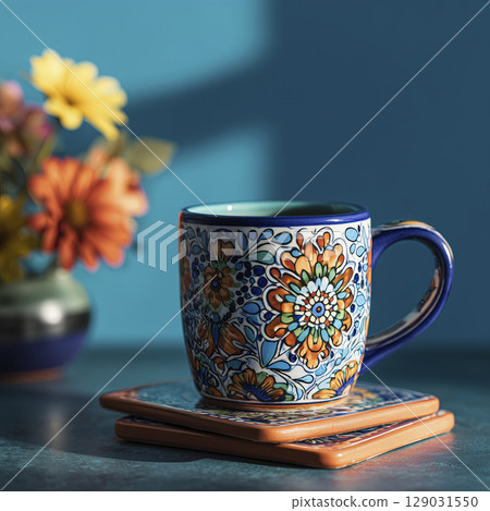 Vibrant Mexican talavera coffee mug radiates beauty, showcasing its intricate floral design, making one feel happy and cozy at any time of day 129031550