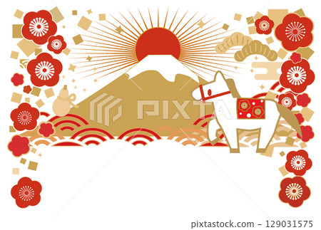 New Year's card with illustrations of Mt. Fuji and horses, horizontal, 2026 129031575