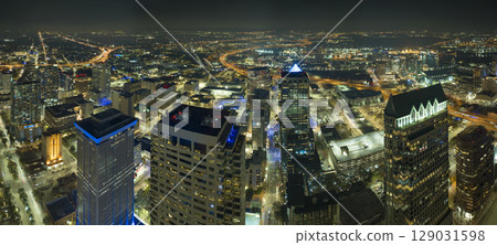 View from above of brightly illuminated high skyscraper buildings in downtown district of Tampa city in Florida, USA. American megapolis with business financial district at night View from above of brightly illuminated high skyscraper buildings in downtown district of Tampa city in Florida, USA. American megapolis with business financial district at night 129031598