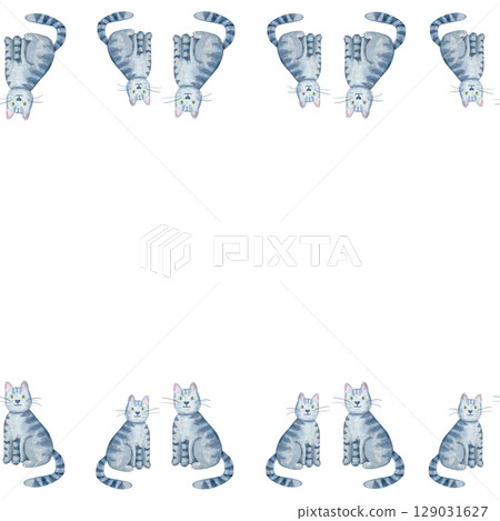Sitting gray tabby cat with green eyes seamless horizontal border. Cute watercolor illustration isolated on white. Hand-painted perfect for kids product, pet-themed design, greeting card, textile Sitting gray tabby cat with green eyes seamless horizontal border. Cute watercolor illustration isolated on white. Hand-painted perfect for kids product, pet-themed design, greeting card, textile 129031627