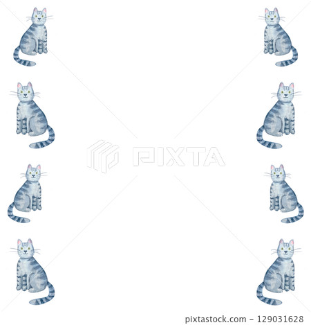 Sitting gray tabby cat with green eyes seamless vertical border. Cute watercolor illustration isolated on white. Hand-painted perfect for kids product, pet-themed design, greeting card, textile Sitting gray tabby cat with green eyes seamless vertical border. Cute watercolor illustration isolated on white. Hand-painted perfect for kids product, pet-themed design, greeting card, textile 129031628