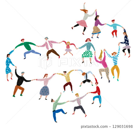 手繪插畫一群人手牽手散步 129031698
