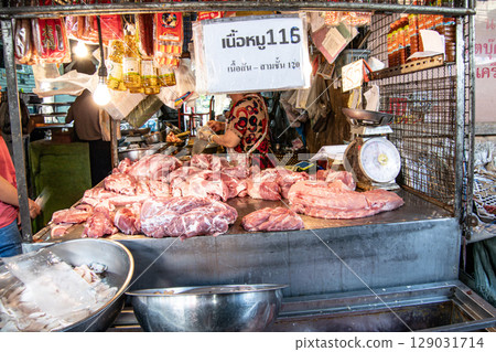 Pork shop in the market Pork shop in the market 129031714