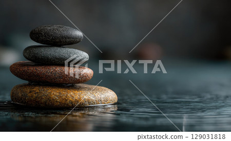 Stack of flat smooth colored spa stones stacked on top of each other in calm dark water. Relaxation, spa treatment concept. Copy space 129031818