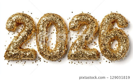 Golden glitter 3D numbers 2026 isolated on white background. Sparkling festive design ideal for New Year, holiday greetings, or celebratory decor and party invitations 129031819