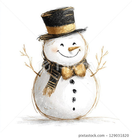 Cute snowman in a black and gold hat, scarf, and bow tie isolated on white background. Festive winter illustration perfect for Christmas cards, holiday decor, or seasonal designs 129031820