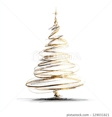 Minimalist golden one-line Christmas tree sketch isolated on white background. Elegant spiral design perfect for holiday cards, invitations, or modern festive decorations 129031821