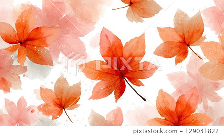 A watercolor pattern featuring floating autumn maple leaves in soft orange and red tones. Soft splashes and textures create a warm, seasonal backdrop perfect for fall designs. 129031822