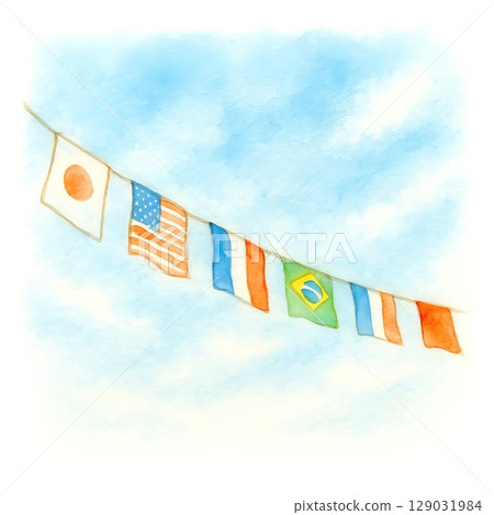 運動會期間，各國國旗在藍天下閃耀 129031984