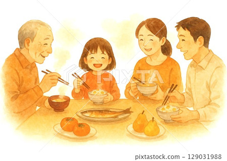 家人圍坐在秋季餐桌旁（栗子飯和秋天的味道） 129031988