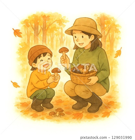 父母和孩子在秋季森林裡採蘑菇的插圖 129031990