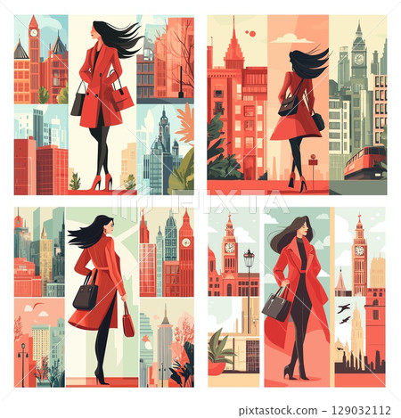 Woman traveling cartoon concepts. Red coat modern fashion travels lady around world character, urban model girl adventures cityscapes trips isolated vector posters Woman traveling cartoon concepts. Red coat modern fashion travels lady around world character, urban model girl adventures cityscapes trips isolated vector posters 129032112