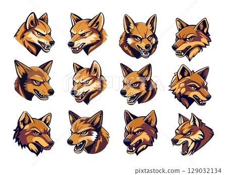 Wolf avatars cartoon vector set. Angry beast heads canine animals, predator alpha forest hunter, wild pack leader creature character, isolated illustrations on white background 129032134