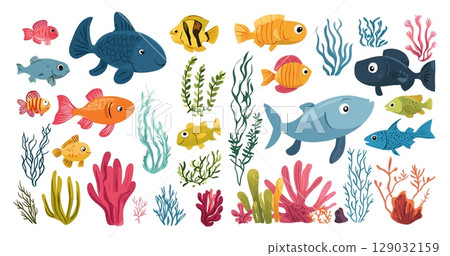 Underwater animals cartoon vector set. Corals algae ocean fish world sea tropical reef aquatic fauna marine species, isolated illustrations on white background 129032159