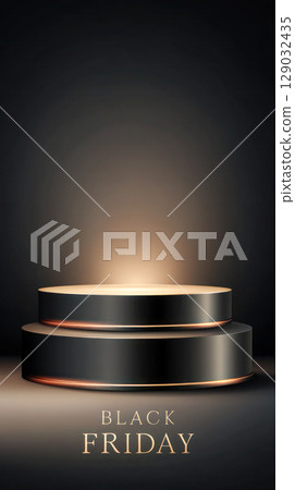 Black Friday promotional display featuring two elegant podiums with soft lighting, creating a captivating atmosphere for product showcasing 129032435