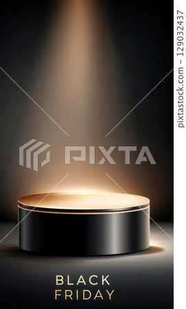 Black Friday promotional display with illuminated pedestal showcasing products, creating an enticing atmosphere for marketing and advertising purposes Black Friday promotional display with illuminated pedestal showcasing products, creating an enticing atmosphere for marketing and advertising purposes 129032437