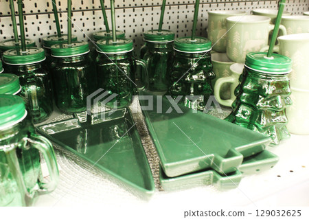 Green Tableware For Christmas And New Year Celebration. 129032625