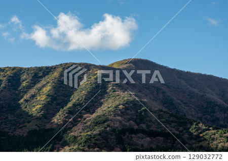 神奈川縣箱根三國山的冬季。藍天白雲漂浮在山頂。 129032772