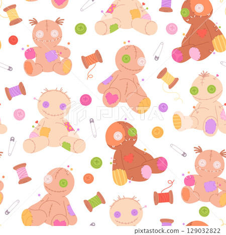 Voodoo dolls seamless pattern. Creepy with toys with pins, stitch, patches. Scary halloween style print for fabric, wallpaper, wrapping, racy vector background 129032822