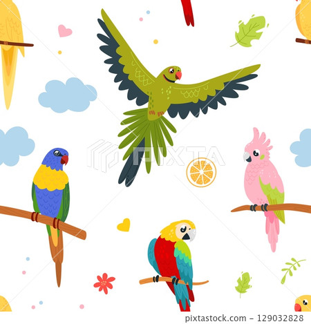 Cartoon parrot seamless pattern. Vibrant funny parrots, exotic tropical birds. Decorative animalistic print for fabric wallpaper wrapping, classy vector background 129032828