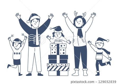 Children receive christmas gifts. Kids and adults rejoice at new year party. Happy family together in winter holidays. Presents and people, recent vector scene Children receive christmas gifts. Kids and adults rejoice at new year party. Happy family together in winter holidays. Presents and people, recent vector scene 129032839