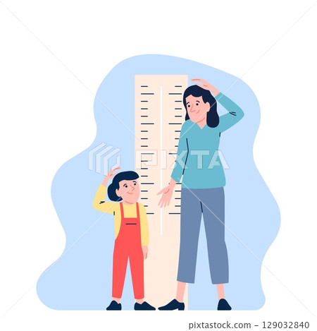 Measuring own height. Little child stand with mother near wall sticker ruler and measure who is taller. Girl growth progress, recent vector scene Measuring own height. Little child stand with mother near wall sticker ruler and measure who is taller. Girl growth progress, recent vector scene 129032840