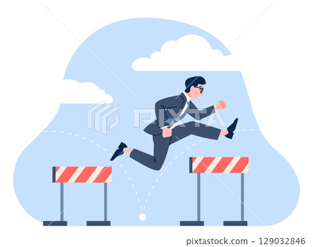 Businessman over hurdles. Male jump barriers, running and jumping hurdle. Business challenge, problems and difficulties overcomes, recent vector concept Businessman over hurdles. Male jump barriers, running and jumping hurdle. Business challenge, problems and difficulties overcomes, recent vector concept 129032846