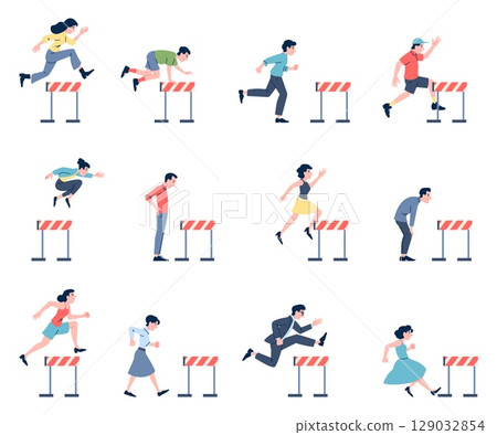 Jump over barriers. People running and jumping hurdles. Business characters, students, employees and hurdle. Office competition, recent vector set 129032854