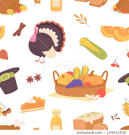 Thanksgiving day seamless pattern. Turkey bird, pumpkin, pie and autumn nature elements. Harvest seasonal print design, vector background Thanksgiving day seamless pattern. Turkey bird, pumpkin, pie and autumn nature elements. Harvest seasonal print design, vector background 129032858