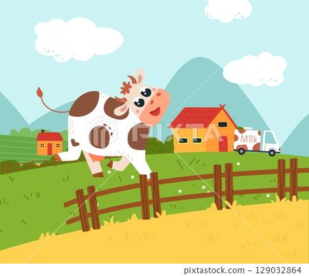 Happy cartoon cow on green meadow. Milk dairy transportation, village landscape with farm animal, mountains, houses. Funny childish vector illustration 129032864