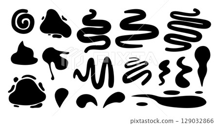 Black drops, liquid stripes and splashes. Spilled ink, sauces, oil or petroleum stains. Isolated silhouettes of water, decorative vector elements set Black drops, liquid stripes and splashes. Spilled ink, sauces, oil or petroleum stains. Isolated silhouettes of water, decorative vector elements set 129032866
