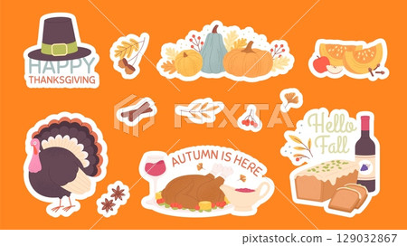 Autumn seasonal stickers. Harvest time, thanksgiving day elements. Fall vegetables, pumpkin, apple, spices. Tasty turkey meal and bird, vector clipart 129032867
