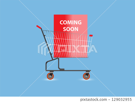 Shopping cart with Coming Soon word on blue background. 129032955