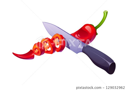 Chili pepper cutting icon for kitchen utensil and cooking process, cartoon vector. Red chili pepper cutting with knife into slices for food cook process, preparation utensil and kitchenware equipment 129032962
