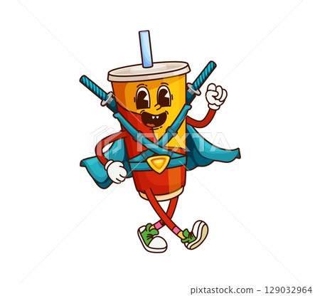 Cartoon groovy soda drink fast food character with blue cape and twin katana swords on back. Vector retro y2k comic personage, funky fastfood superhero with straw, happy smiling face and hippie vibe 129032964