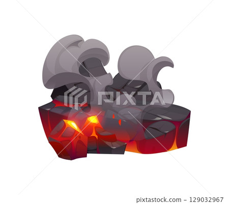 Fire flames on coal or fireplace charcoal with burn ember coal pieces and ash, cartoon vector. Ember of wood or charcoal burning with fire flames and smoke clouds in hearth or fireplace and campfire Fire flames on coal or fireplace charcoal with burn ember coal pieces and ash, cartoon vector. Ember of wood or charcoal burning with fire flames and smoke clouds in hearth or fireplace and campfire 129032967