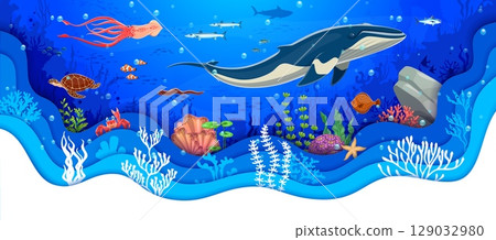Paper cut underwater landscape with giant whale and seaweeds, vector sea animals and fishes. Funny turtle, starfish and crab with squid characters in paper cut coral reef underwater landscape 129032980