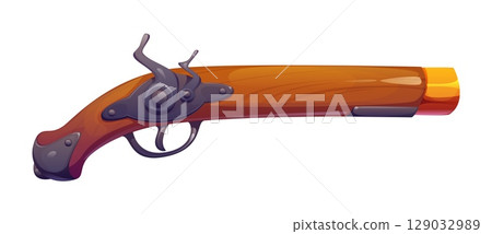 Cartoon pirate weapon, musket or pistol gun and Medieval rifle, vector icon. Caribbean pirate shooting fire weapon or musket gun, firearm or flintlock and firearm of maritime and corsair weaponry 129032989