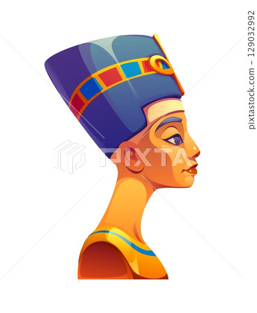 Egyptian queen profile, ancient Egypt game icon, treasure asset. Cartoon vector female head wearing a blue and gold crown, symbolizing deity, royalty, heritage, historical elegance and antique culture Egyptian queen profile, ancient Egypt game icon, treasure asset. Cartoon vector female head wearing a blue and gold crown, symbolizing deity, royalty, heritage, historical elegance and antique culture 129032992