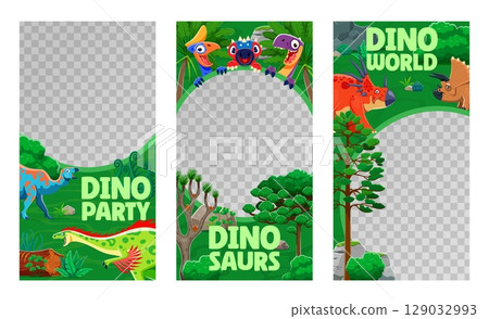 Dino party flyer template with frames for kids entertainment event, vector banners. Prehistoric baby dino and Jurassic dinosaurs with funny reptiles in jungle forest for social media frames 129032993