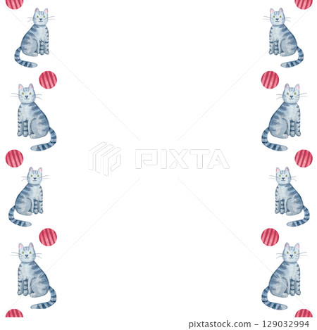 Grey tabby cats, red striped balls. Vertical watercolor frame isolated on white. Perfect for pet-themed invitations, childrens party designs, and stationery with playful, minimal, hand-painted charm Grey tabby cats, red striped balls. Vertical watercolor frame isolated on white. Perfect for pet-themed invitations, childrens party designs, and stationery with playful, minimal, hand-painted charm 129032994