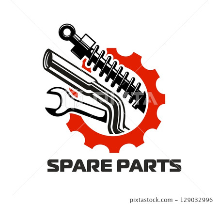 Car auto spare parts icon in black and red. Vector mechanical emblem featuring wrench, shock absorber, bent pipe and gear wheel. Industrial symbol for automotive repair, maintenance or vehicle service Car auto spare parts icon in black and red. Vector mechanical emblem featuring wrench, shock absorber, bent pipe and gear wheel. Industrial symbol for automotive repair, maintenance or vehicle service 129032996