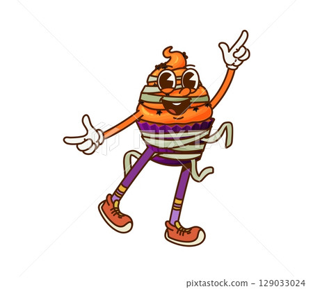 Cartoon groovy Halloween mummy cupcake sweets and candy character. Isolated vector festive bakery muffin with star sprinkles. Spooky pastry retro personage wrapped in bandage ready for trick or treat 129033024