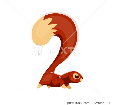 Autumn animal font squirrel digit 2 two. Thanksgiving alphabet font digit, autumnal vector kids ABC typeface figure. Fall season typeface numeral symbol or autumn harvest math type number 129033025