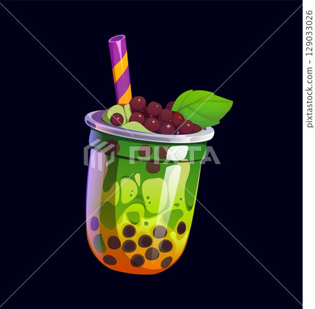 Milk bubble tea, milkshake drink in glass cup with mint leaves, vector cartoon dessert. Milk bubble tea or sweet beverage with boba pearls and matcha tea flavor for milkshake or dessert drinks menu 129033026