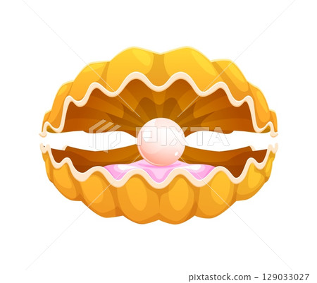 Pearl shell or scallop oyster with pearl, cartoon seashell with treasure jewelry, isolated vector. Open scallop shell or yellow mother pearl seashell with pearl ball for undersea or underwater mollusk Pearl shell or scallop oyster with pearl, cartoon seashell with treasure jewelry, isolated vector. Open scallop shell or yellow mother pearl seashell with pearl ball for undersea or underwater mollusk 129033027