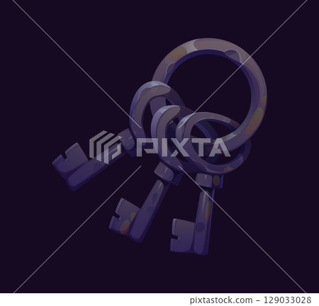 Cartoon Medieval keys bunch for pirate padlock or door opening, vector icon. Old ancient metal keys bundle on keyring for pirate ship hold or tavern room, dungeon gate lock and pirate secret chamber Cartoon Medieval keys bunch for pirate padlock or door opening, vector icon. Old ancient metal keys bundle on keyring for pirate ship hold or tavern room, dungeon gate lock and pirate secret chamber 129033028