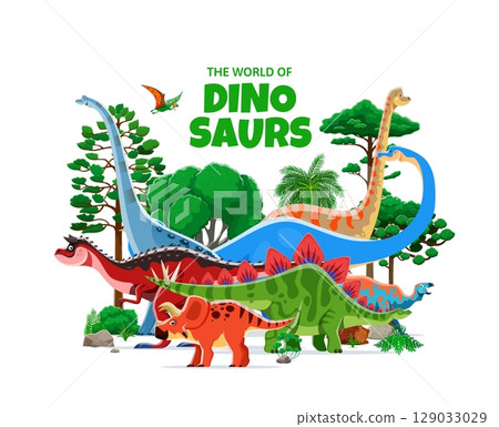 Prehistoric dinosaurs park banner with Jurassic lizards and reptiles, cartoon vector. Dino park or dinosaur world museum banner for kids paleontology atlas with funny prehistoric dinosaurs in jungle Prehistoric dinosaurs park banner with Jurassic lizards and reptiles, cartoon vector. Dino park or dinosaur world museum banner for kids paleontology atlas with funny prehistoric dinosaurs in jungle 129033029
